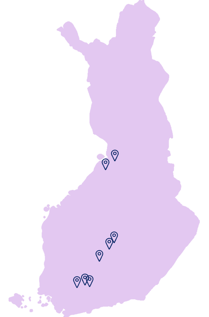 Suomen kartalla tutkimuspaikkakunnat Oulu, Liminka, Jyväskylä, Laukaa, Jämsä, Hämeenlinna, Hattula ja Forssa.